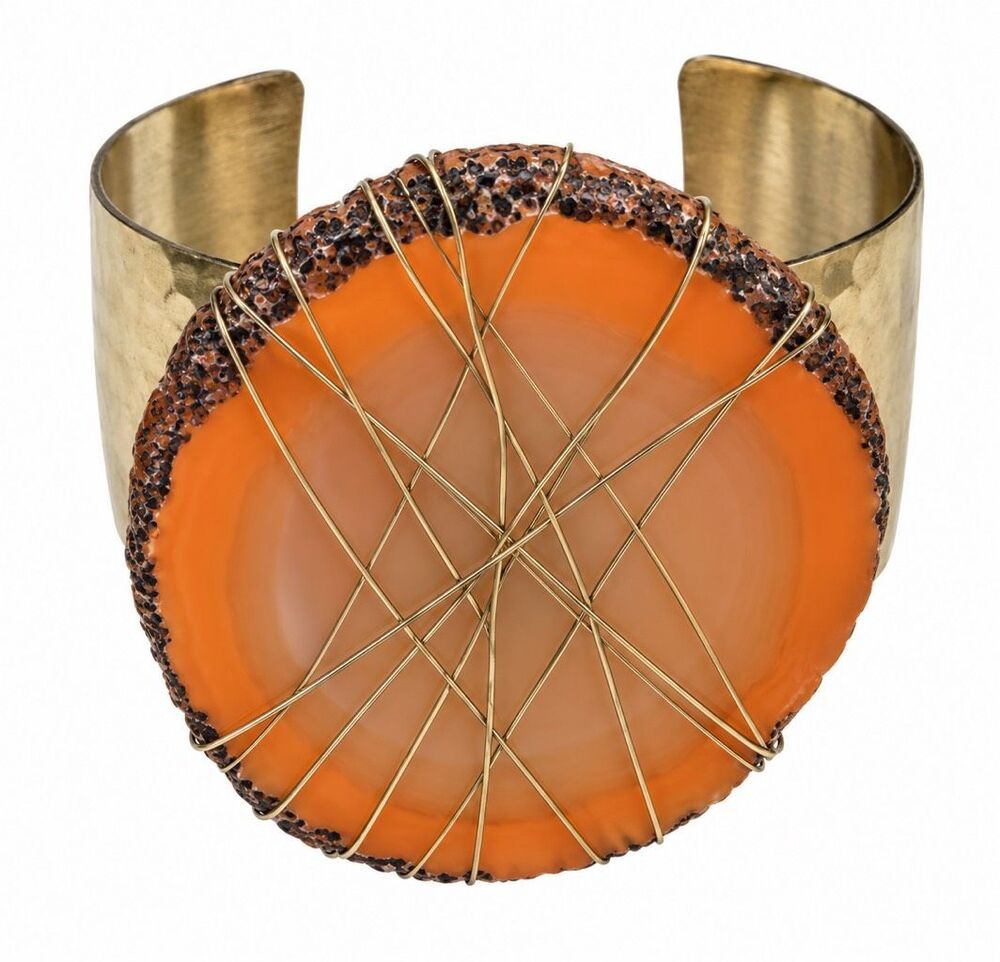 Orange Agate Slice Wire Wrapped Gold Tone Statement Cuff Bracelet